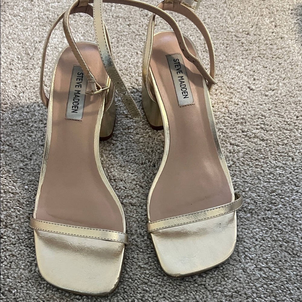 Steve Madden Metallic Gold Block Heel Ankle-Strap Sandals